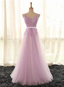 Picture of Light Purple V-neckline Long Formal Dresses, Tulle Lace Applique Bridesmaid Dresses